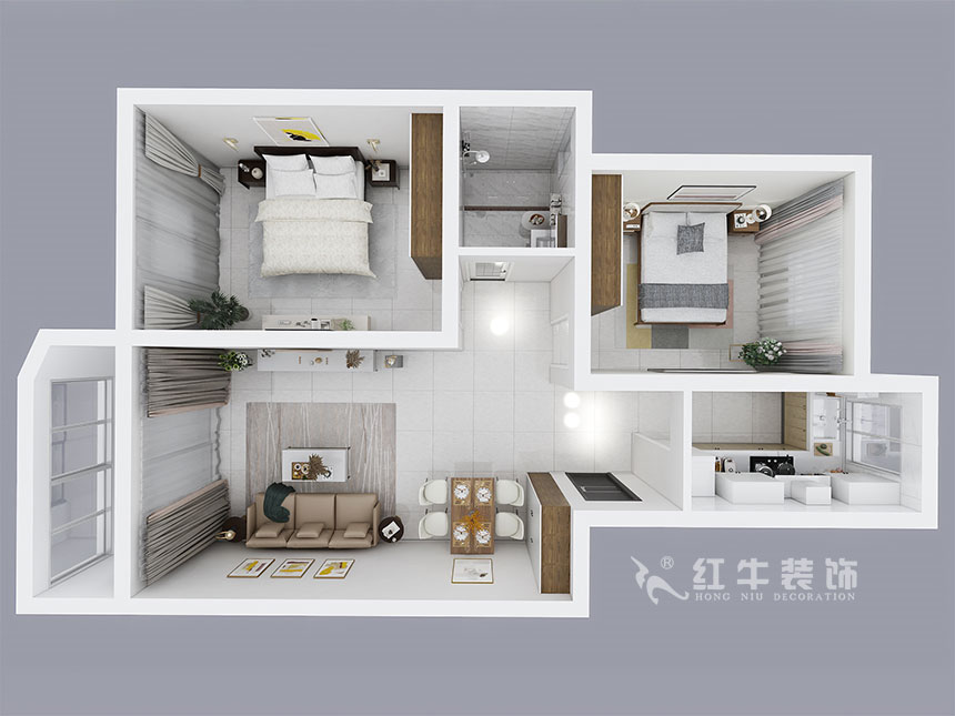 房亮_紅山機(jī)電花園4-104-85㎡-現(xiàn)代簡(jiǎn)約風(fēng)格_2室2廳1衛(wèi)（老房裝修）_成品家￥111499_全包11萬00_04鳥瞰圖