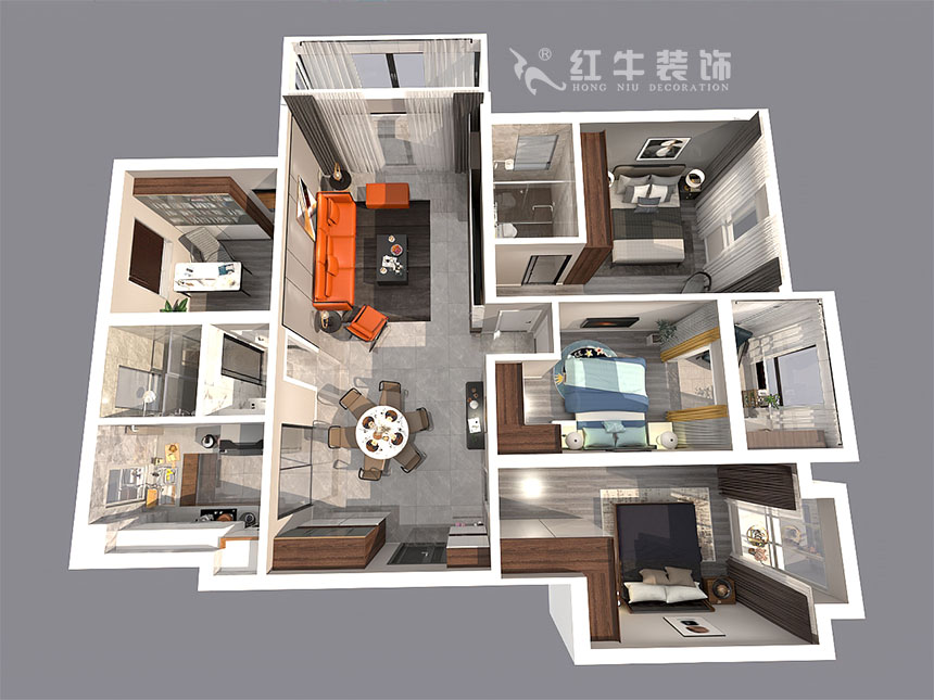 劉小勇_鴻雁名居20-1001-140㎡-現(xiàn)代風(fēng)格_4室2廳2衛(wèi)（新房裝修）_定制家￥208000_全包20萬(wàn)00_04鳥瞰圖