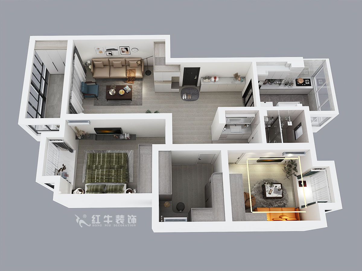 蔣?。趟铺?-3-401-106㎡-現(xiàn)代簡約風(fēng)格｜3室2廳1衛(wèi)｜新房裝修｜成品家￥152999｜全包15萬｜00_04鳥瞰圖