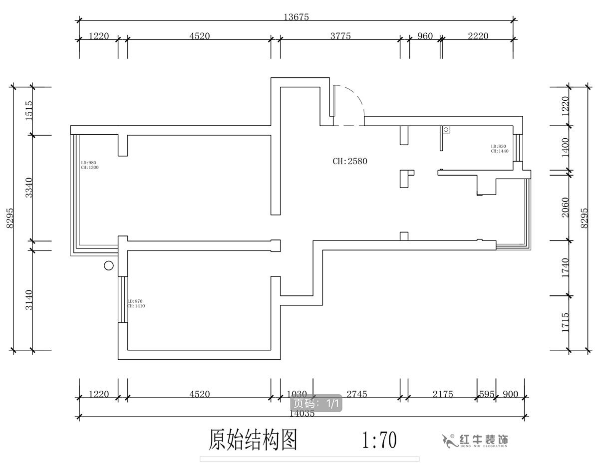 蔣?。蔡┐?1-401-80㎡-現(xiàn)代簡(jiǎn)約風(fēng)格｜2室1廳1衛(wèi)｜舊房裝修｜定制家￥126767｜全包12萬(wàn)｜00_01原始結(jié)構(gòu)圖