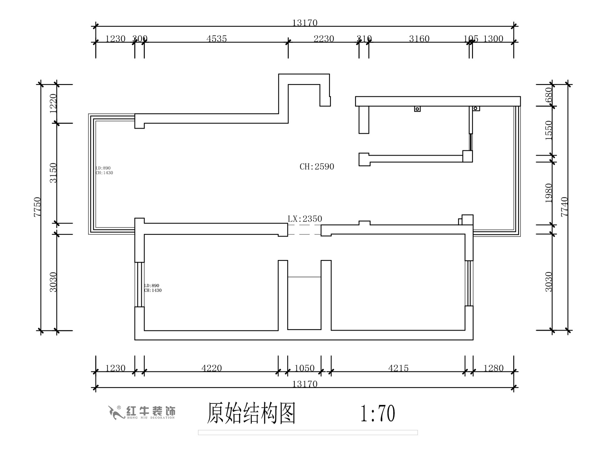 蔣?。旄@43-401-90㎡-現(xiàn)代簡(jiǎn)約風(fēng)格｜2室1廳1衛(wèi)｜舊房裝修｜定制家￥122757｜全包12萬｜00_01原始結(jié)構(gòu)圖