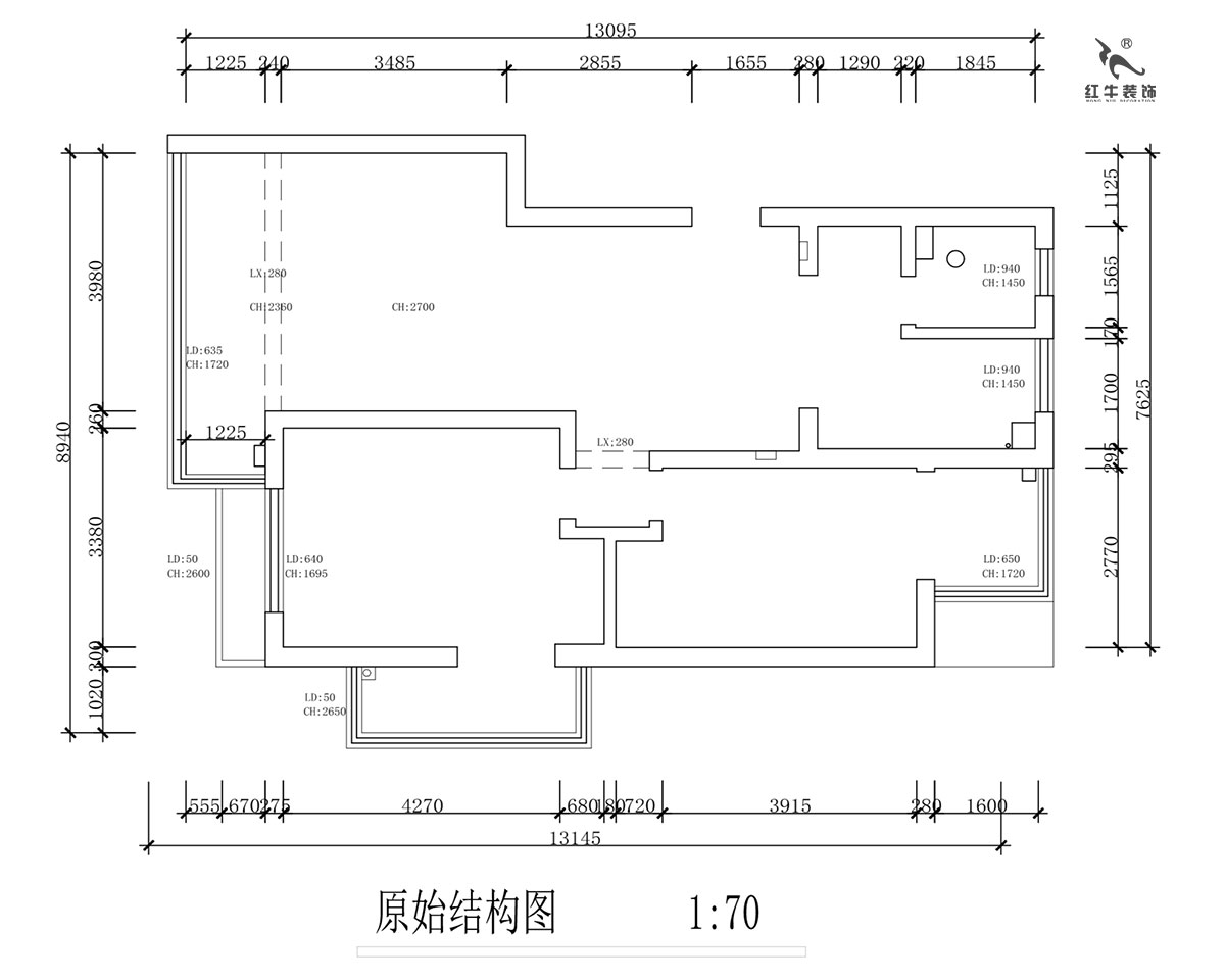 蔣?。霄沃腥A廣場11-601-110㎡-現(xiàn)代簡約風(fēng)格｜2室2廳1衛(wèi)｜舊房裝修｜定制家￥140400｜全包15萬｜00_01原始結(jié)構(gòu)圖