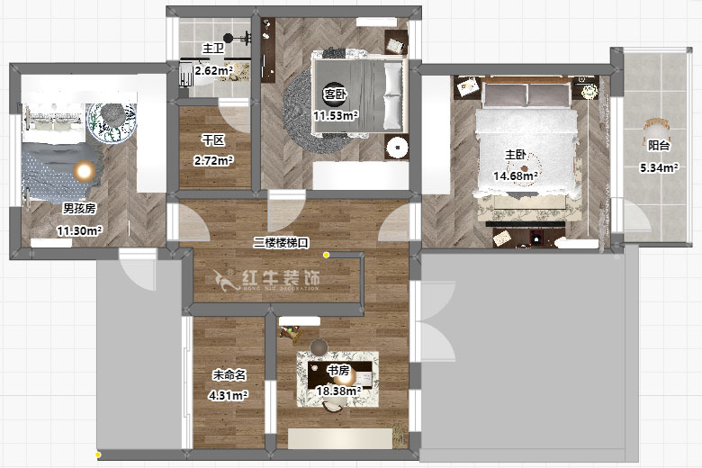 吳波｜翠屏國(guó)際香樟苑-7-404-124㎡-現(xiàn)代風(fēng)格｜3室2廳2衛(wèi)｜二手房裝修｜定制家｜全包17萬｜00_06二樓平面彩圖