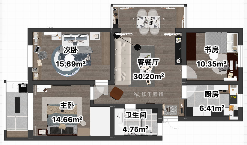 吳波｜宏鷹花園2-601-103㎡-現(xiàn)代簡(jiǎn)約風(fēng)格｜3室2廳1衛(wèi)｜舊房裝修｜定制家｜全包13萬｜00_04平面彩圖