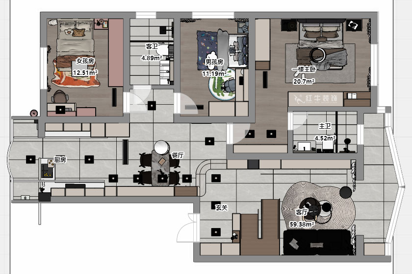 仇美蓉|梅花山莊36-3-605-132㎡-簡(jiǎn)約風(fēng)格|3室2廳2衛(wèi)|老房裝修|定制家|全包18萬(wàn)|00_05平面彩圖