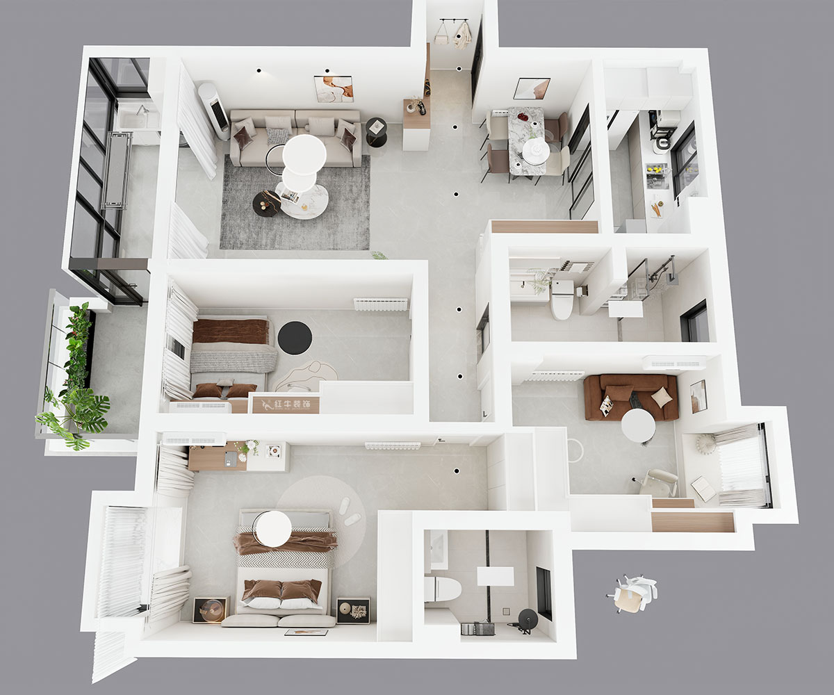 蔣?。厦髦?-1-401-115㎡-現(xiàn)代簡約風格｜3室2廳2衛(wèi)｜老房裝修｜定制家｜全包13萬｜00_04鳥瞰圖