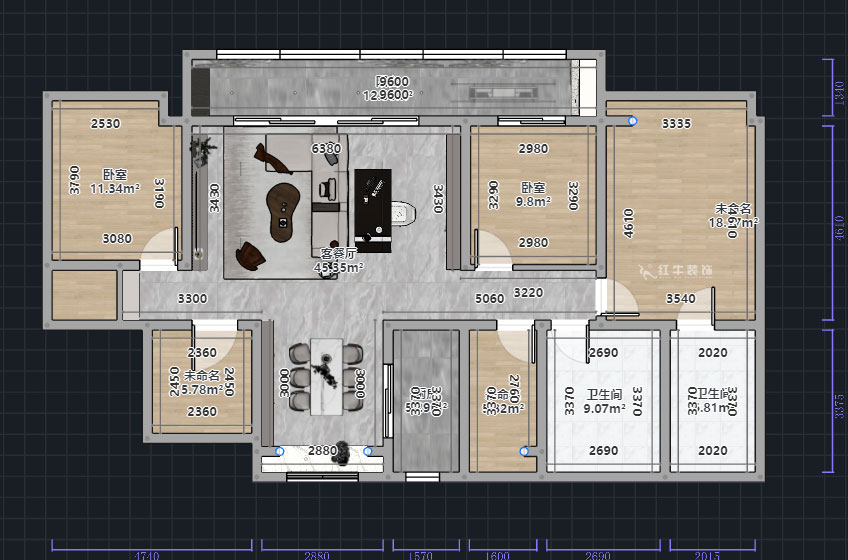 熊皓宇|頤和鉑岸江璟-140㎡-現(xiàn)代輕奢風格|精裝修局改|00_01平面彩圖