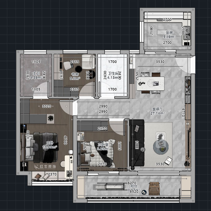 熊皓宇|華發(fā)四季雅筑-120㎡-現(xiàn)代風(fēng)格|3室2廳2衛(wèi)|精裝修改造|00_01平面彩圖