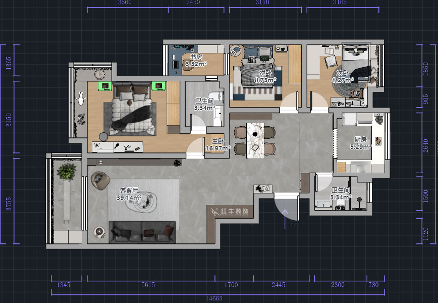 熊皓宇｜江南青年城翠灣苑-130㎡-現(xiàn)代風格｜4室2廳2衛(wèi)｜新房裝修｜半包7